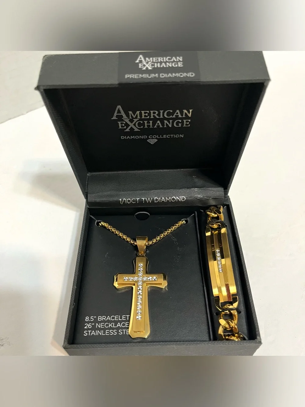Men’s Goldtone Plated Stainless Steel Diamond Cross Necklace & Bracelet 2 PC Set